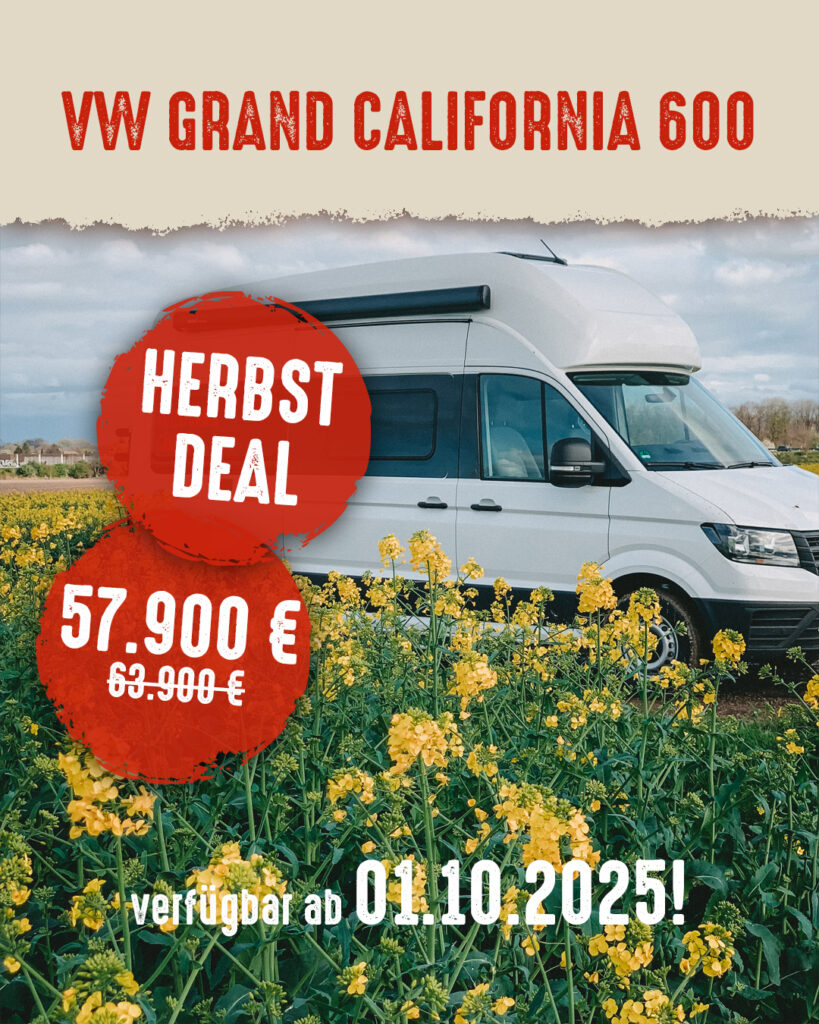 VW Grand California 600 kaufen – Herbst Deal ab 57.900 € verfügbar ab Oktober 2025, idealer Camper für Vanlife, Reisen und Campingurlaub in Europa