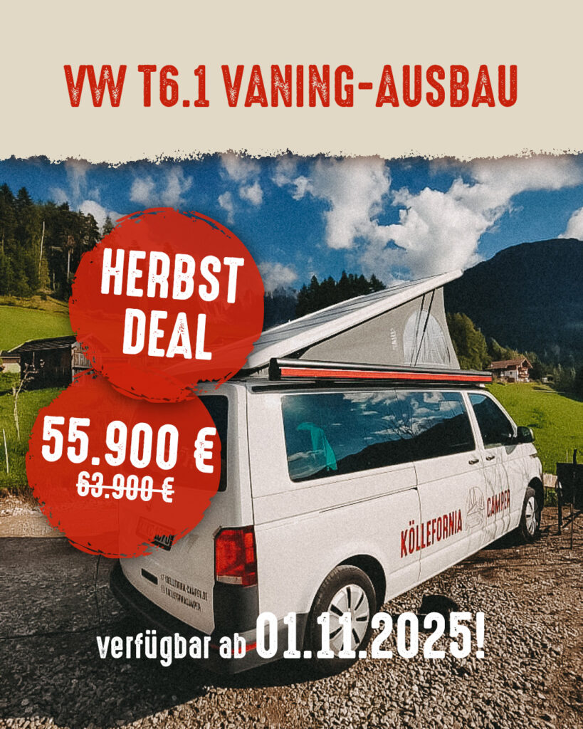 VW T6.1 Camper Vaning-Ausbau kaufen – Herbst-Deal ab 55.900 € statt 63.900 €, Köllefornia Camper, verfügbar ab 01.11.2025 – moderner VW Camper für Abenteuer und Reisen